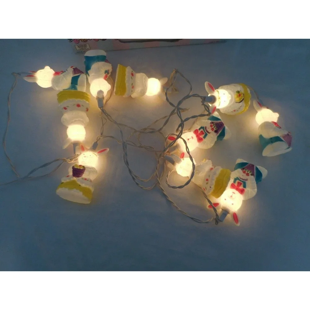 Easter Set of 10 Pastel Multi-Color‎ Rabbits Spring Lights  White Wire Vintage